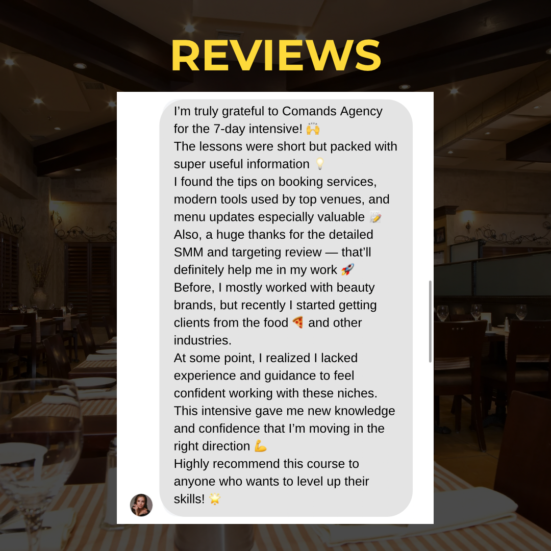 Student review — grateful for 7-day intensive, switched from beauty to food niche, highly recommends